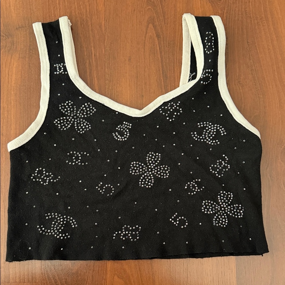 Vintage Y2K CHANEL Black and White Embellished Crop Top